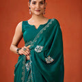 Teal Green Embroidered Georgette Saree Floral Motifs Designer Border