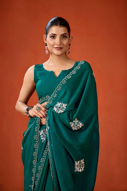 Teal Green Embroidered Georgette Saree Floral Motifs Designer Border