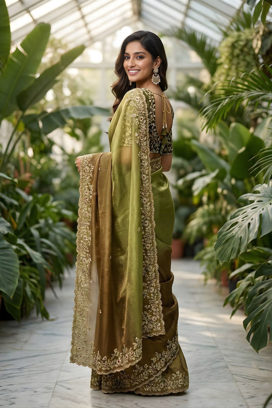 Olive Green Brown Ombre Silk Saree with Heavy Embroidered Border