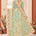 Pista Green Net Floral Embroidered Saree Heavy Scalloped Border Blouse