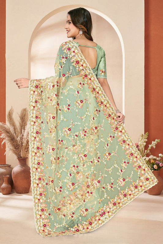 Pista Green Net Floral Embroidered Saree Heavy Scalloped Border Blouse
