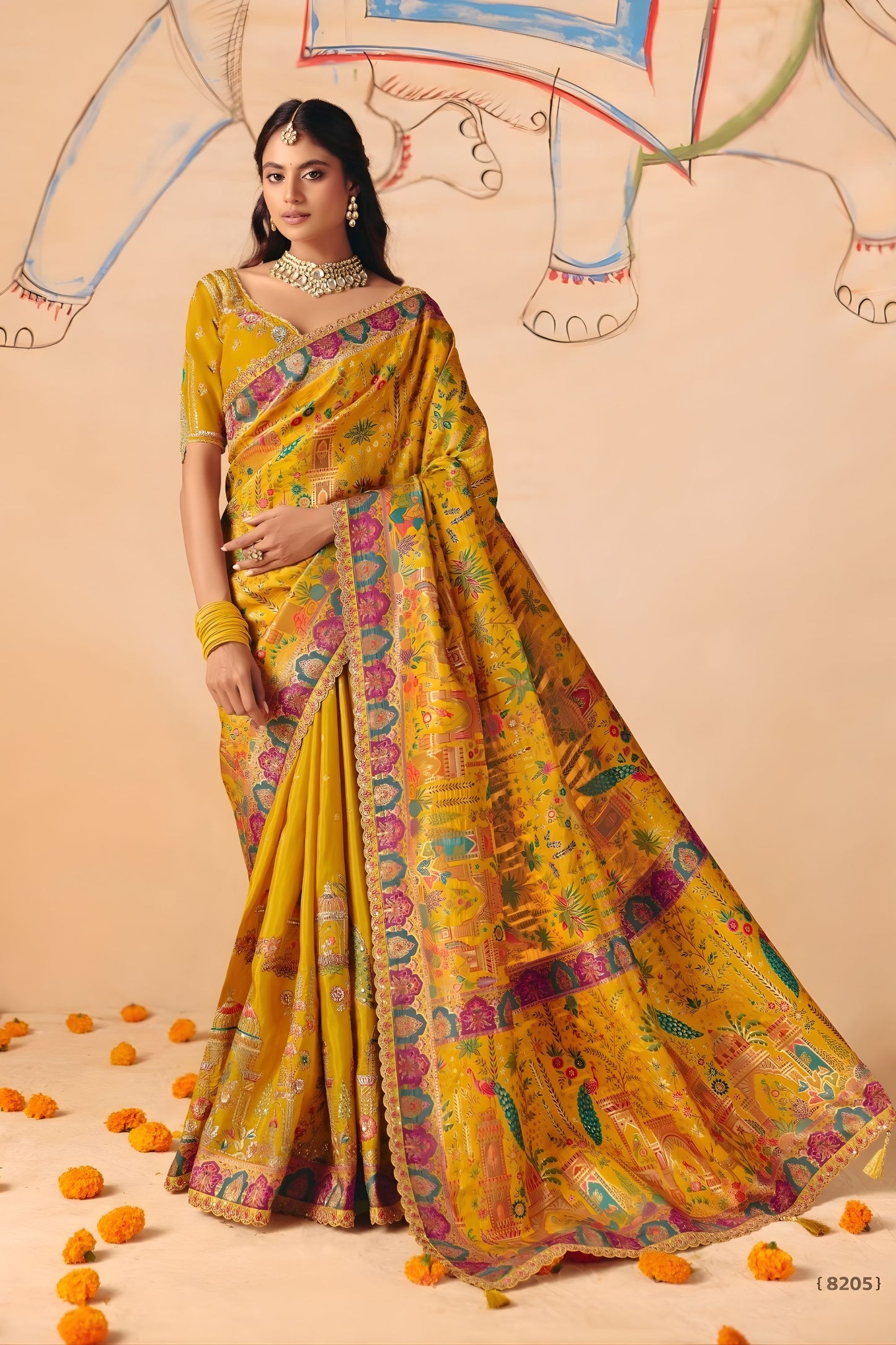 Mustard Yellow Paithani Silk Saree Multicolor Traditional Zari Weaving Saree 
