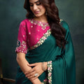 Teal Green Georgette Saree with Embroidered Border Pink Designer Blouse