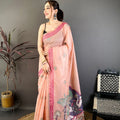 Peach Pink Linen Cotton Saree Artistic Elephant Print Pallu 