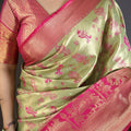 Pista Green Pink Kanjivaram Silk Saree Traditional Zari Woven Saree