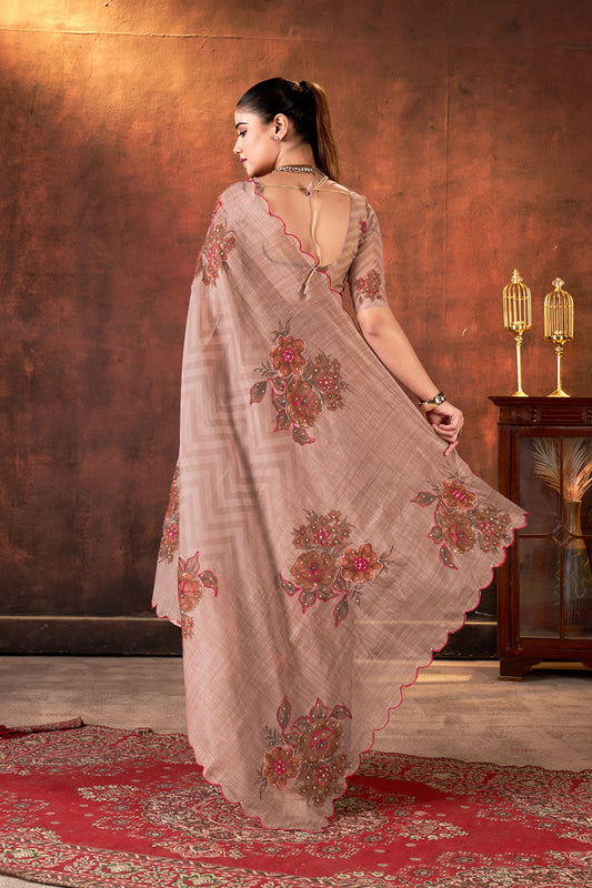 Designer Beige Embroidered Linen Saree Festive Wear