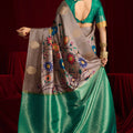 Grey Banarasi Silk Saree with Green Contrast Pallu