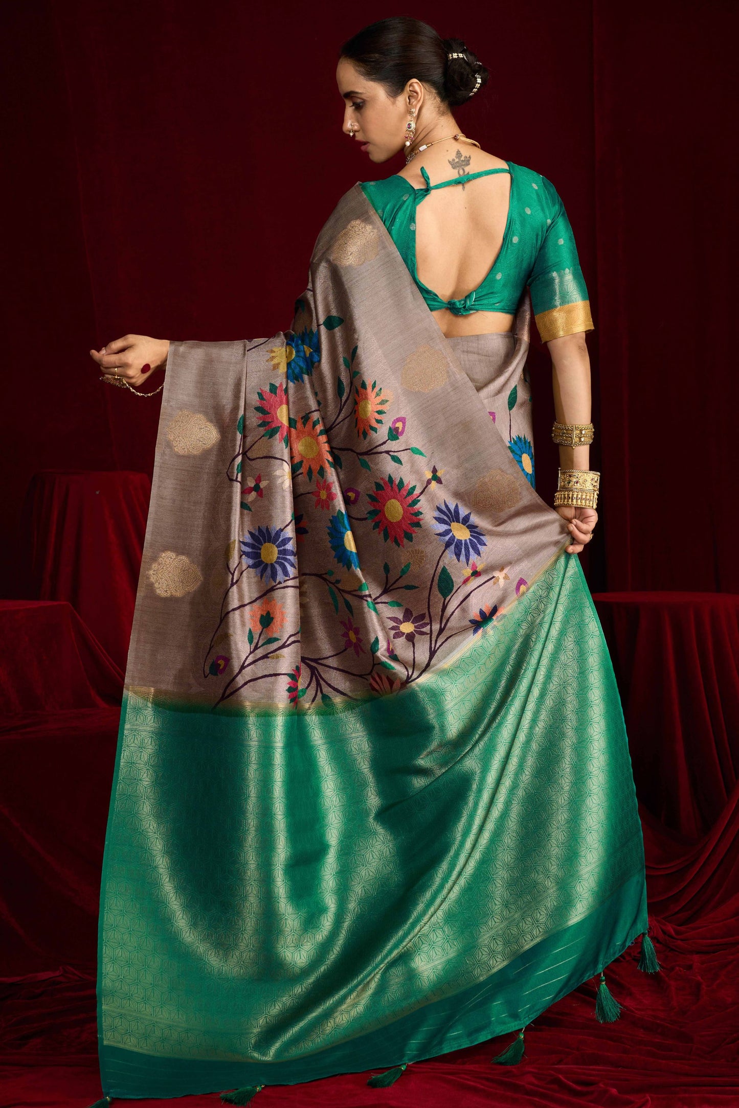 Grey Banarasi Silk Saree with Green Contrast Pallu