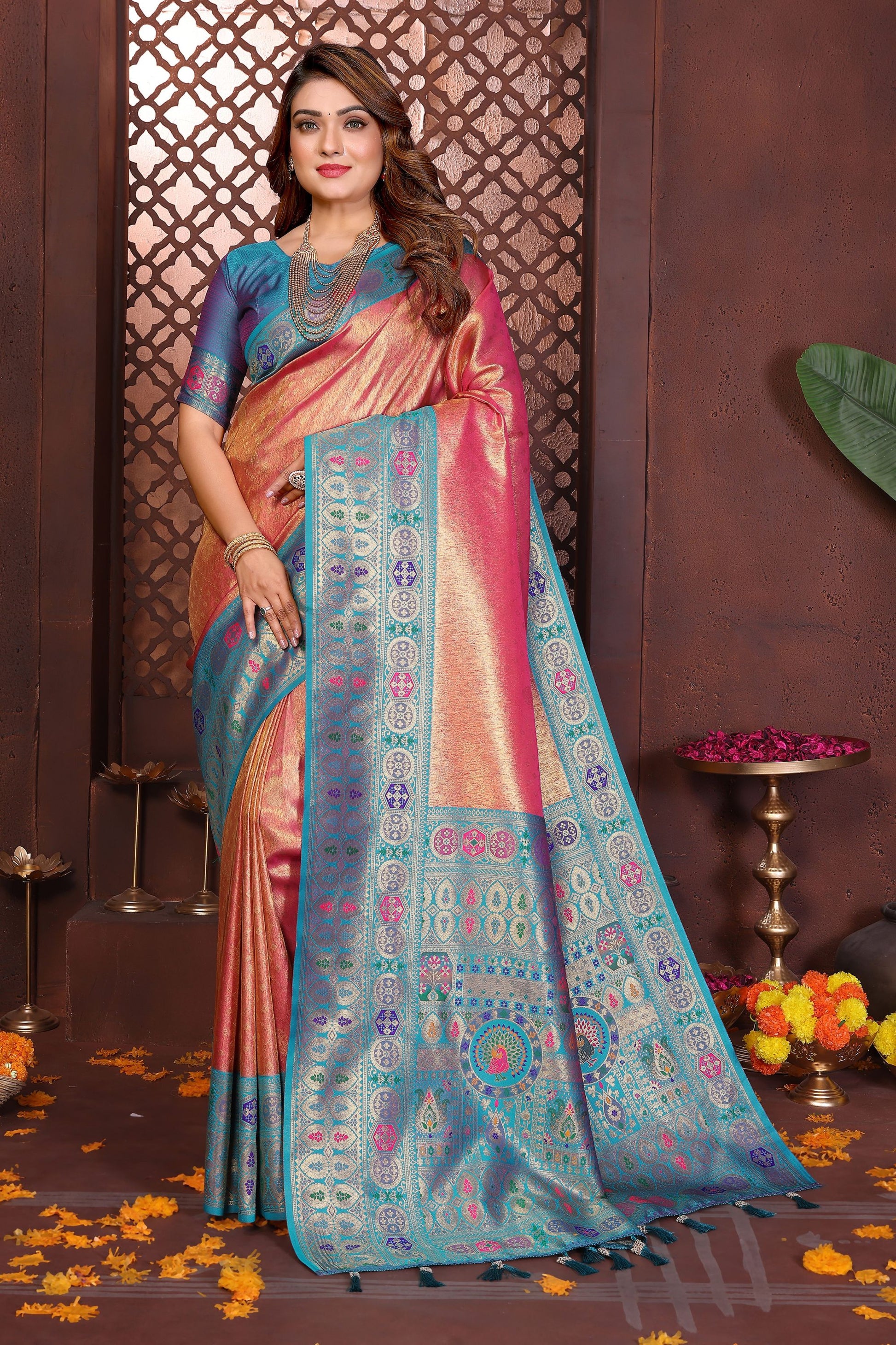 Pink Teal Banarasi Silk Saree with Rich Zari Weaving Designer Pallu 
