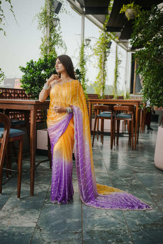 Yellow Purple Ombre Sequins Saree Contrast Border Designer Party Wear