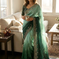 Sea Green Ombre Organza Silk Saree with Heavy Embroidered Border