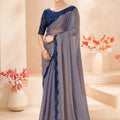 Grey Silk Saree Navy Blue Designer Embroidered Border