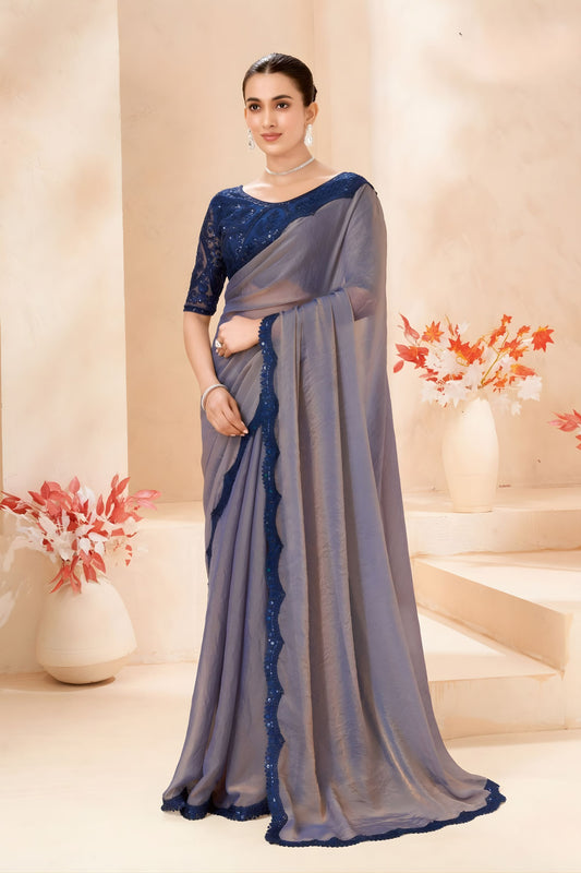 Grey Silk Saree Navy Blue Designer Embroidered Border