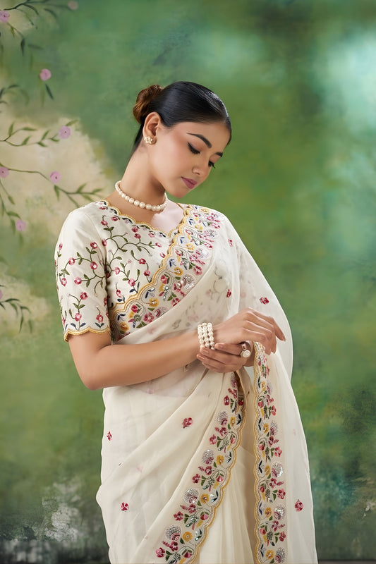Off White Floral Embroidered Saree with Designer Border and Blouse