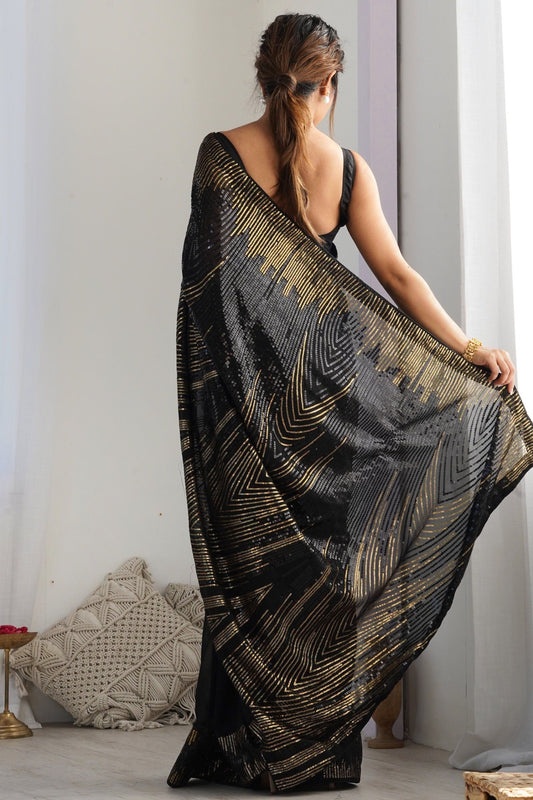 Designer Black Saree with Gold Party Wear Georgette Saree