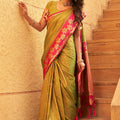 Olive Green Silk Saree with Pink Contrast Border Floral Zari Work