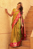 Olive Green Silk Saree with Pink Contrast Border Floral Zari Work