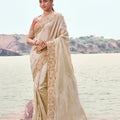 Cream Silk Saree with Heavy Embroidered Border Contrast Blouse
