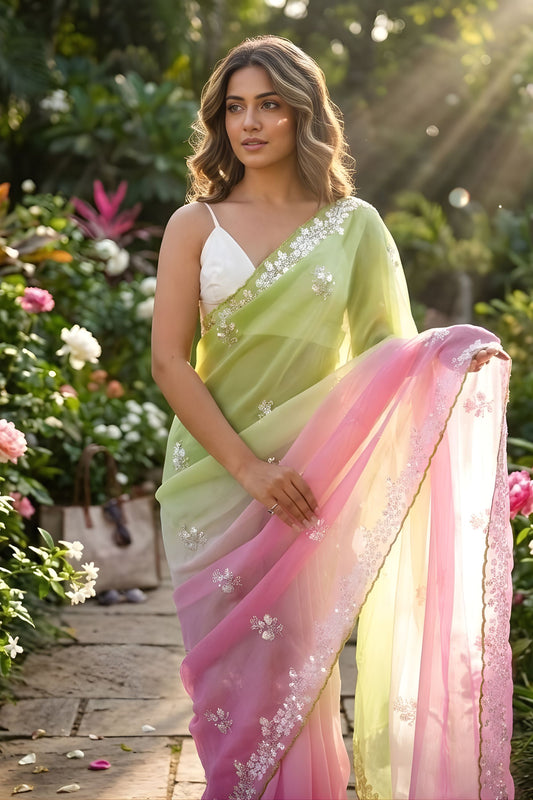 Green Pink Ombre Designer Saree with Sequin Embroidered Border