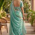 Aqua Blue Organza Silk Saree Floral Embroidered Border Designer Blouse