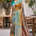 Traditional Teal Blue and Copper Silk Saree with Rich Woven Zari Border