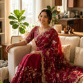 Wine Red Organza Saree Heavy Sequins Embroidery Designer Blouse