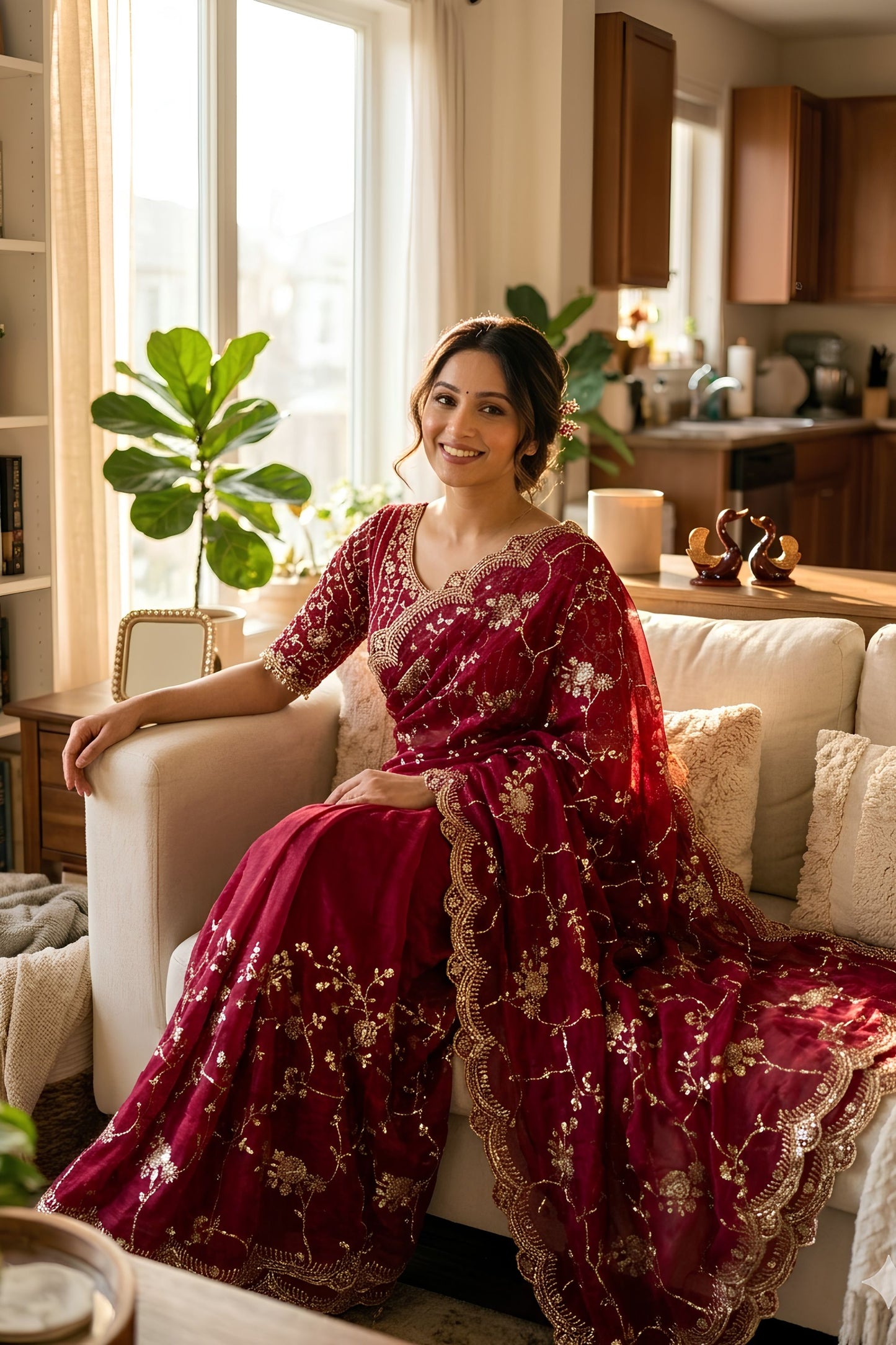 Wine Red Organza Saree Heavy Sequins Embroidery Designer Blouse