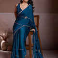 Teal Blue Embroidered Chiffon Saree with Zari Work Party Wear