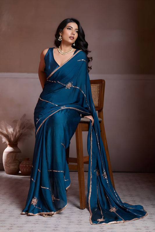 Teal Blue Embroidered Chiffon Saree with Zari Work Party Wear