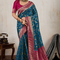 Teal Blue Banarasi Silk Saree Rich Pink Zari Border Floral Weaving Blouse
