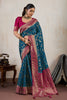 Teal Blue Banarasi Silk Saree Rich Pink Zari Border Floral Weaving Blouse