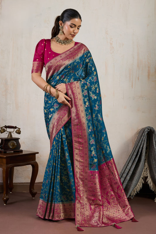 Teal Blue Banarasi Silk Saree Rich Pink Zari Border Floral Weaving Blouse
