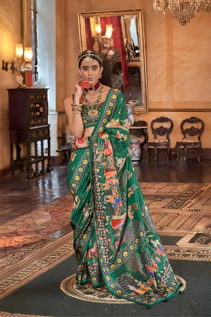 Royal Green Designer Silk Saree Rajasthani Print Heavy Saree 