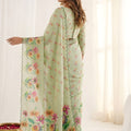 Pistachio Green Floral Printed Linen Cotton Saree Scalloped Border