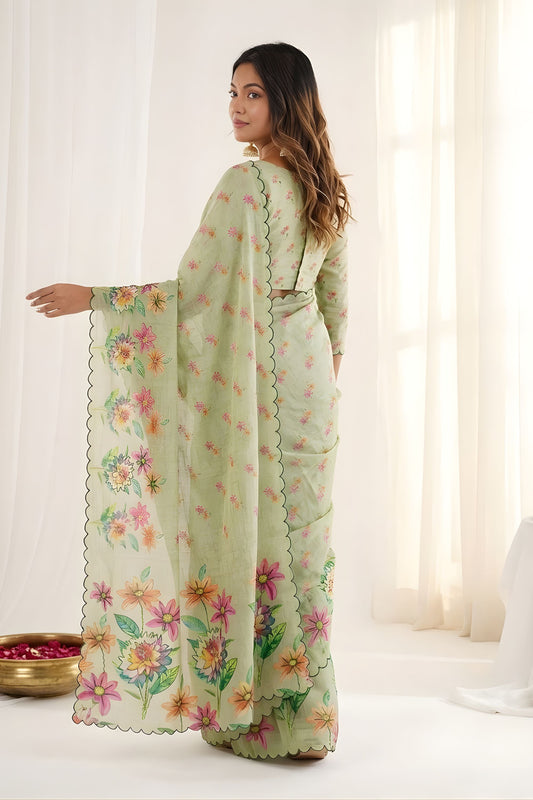 Pistachio Green Floral Printed Linen Cotton Saree Scalloped Border