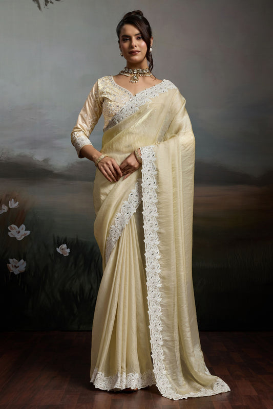 Cream Silk Saree with Designer White Lace Border Party Wear