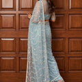 Sky Blue Sequins Embroidered Net Saree with Designer Blouse