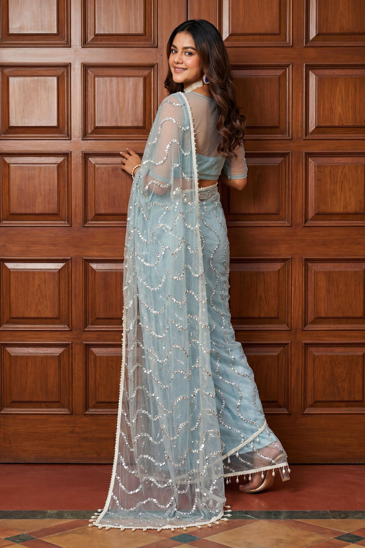 Sky Blue Sequins Embroidered Net Saree with Designer Blouse