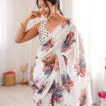 White Floral Digital Printed Linen Saree with Designer Lace Border