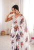 White Floral Digital Printed Linen Saree with Designer Lace Border
