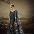  Blue Linen Silk Saree with Floral Digital Print Designer Tassel Pallu