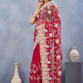Designer Red Floral Embroidered Net Saree with Heavy Border