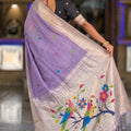 Lavender Purple Tussar Silk Saree Multicolor Bird Floral Motif Pallu