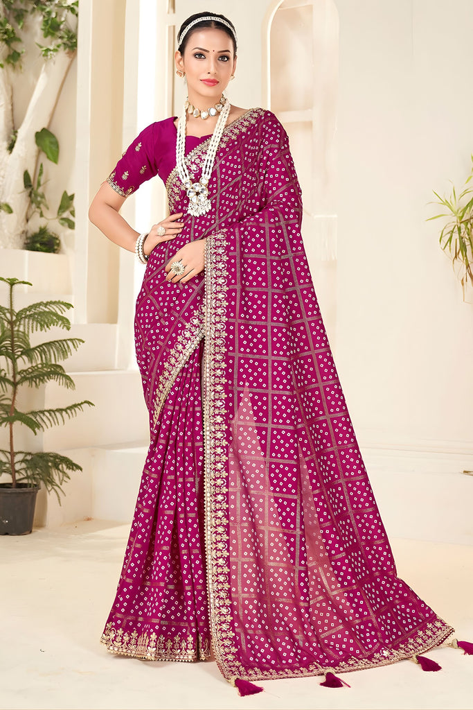 Rani Pink Embroidered Designer Saree with Sequins Work Heavy Border