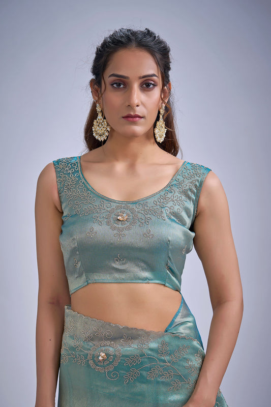 Sea Green Silk Saree with Zari Embroidery Designer Blouse