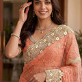 Peach Net Saree Heavy Pearl Sequins Embroidery Border