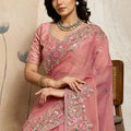 Pink Embroidered Organza Saree Floral Handwork Designer Blouse