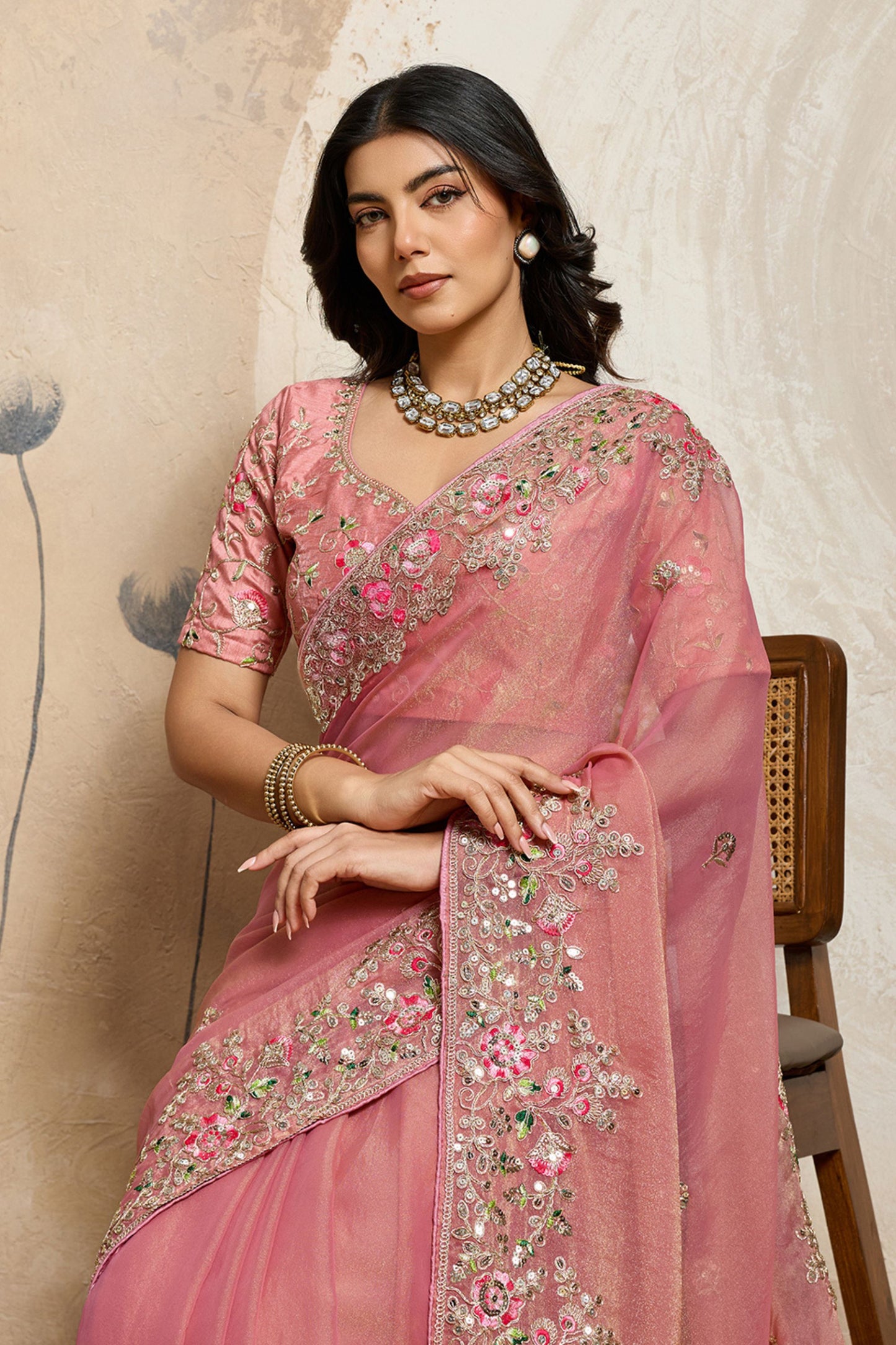 Pink Embroidered Organza Saree Floral Handwork Designer Blouse
