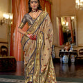 Light Gold Banarasi Silk Saree Royal Blue Border Floral Zari Buti Work