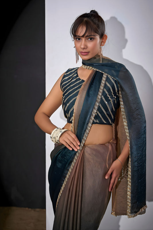 Dual Tone Dark Green Golden Brown Saree with Designer Border